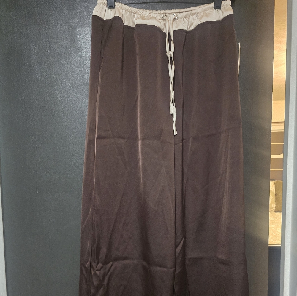 Anthropologie Wide-Leg Pants in Brown with Cream Waistband